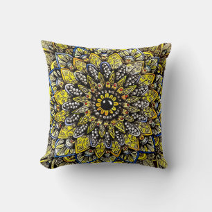 Yellow Green Hand Drawn Mandala Design Throw Pillow