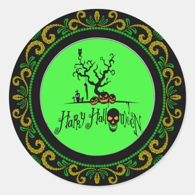 Yellow Green Happy Halloween Grave Yard Classic Round Sticker (Front)