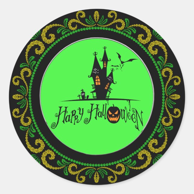 Yellow Green Happy Halloween Haunted House Classic Round Sticker (Front)