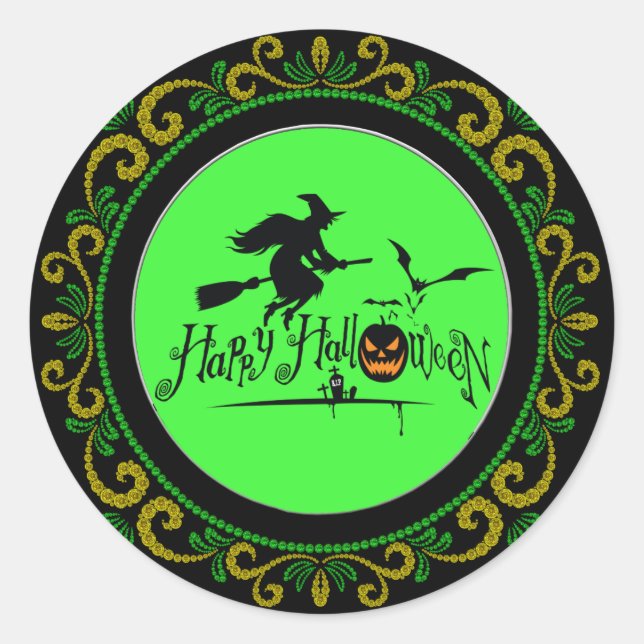 Yellow Green Happy Halloween Witch And Bats Classic Round Sticker (Front)
