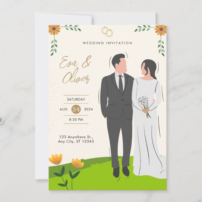 Yellow Green Illustrated Wedding Invitation (Front)