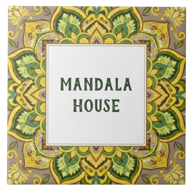 Yellow Green Mandala Custom House Name Sign Plaque Tile (Front)