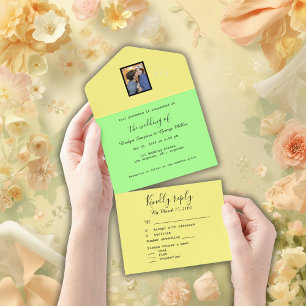 yellow green minimal summer couple photo monogram all in one invitation
