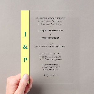 Yellow Green Monogram Bride and Groom Clear Acrylic Invitations