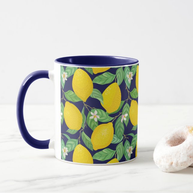 Yellow Green Navy Blue Lemon Pattern Mug (With Donut)