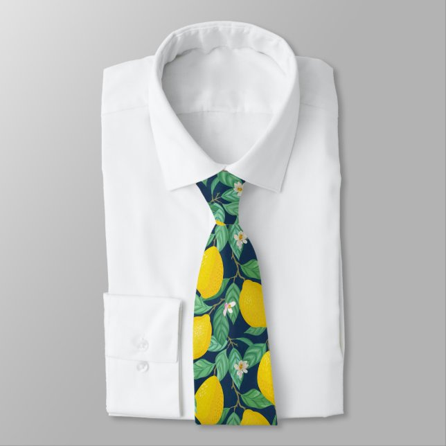 Yellow Green Navy Blue Lemon Pattern Tie (Tied)