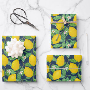 Yellow Green Navy Blue Lemon Pattern  Wrapping Paper Sheet