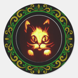 Yellow Green Orange Glowing Halloween Cat Classic Round Sticker