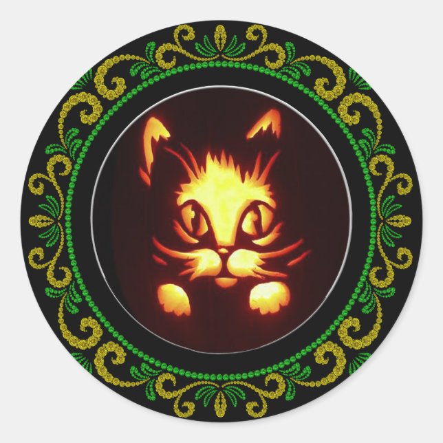 Yellow Green Orange Glowing Halloween Cat Classic Round Sticker (Front)