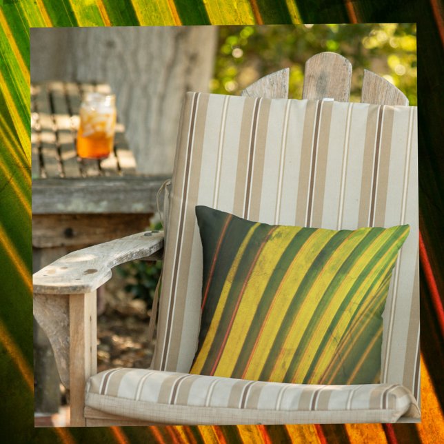 Yellow Green Orange Striped Palm Fronds Botanical Outdoor Pillow (Creator Uploaded)