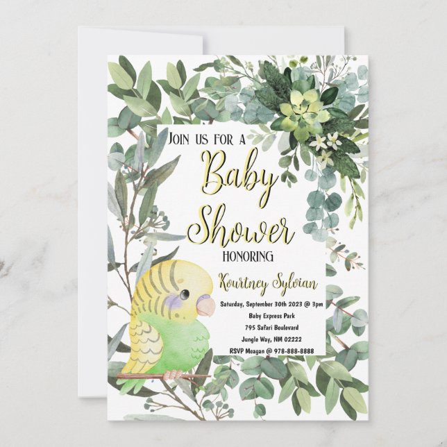 Yellow Green Parakeet Bird Watercolor Baby Shower Invitation (Front)