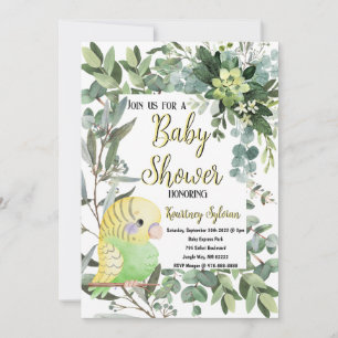 Yellow Green Parakeet Bird Watercolor Baby Shower Invitation