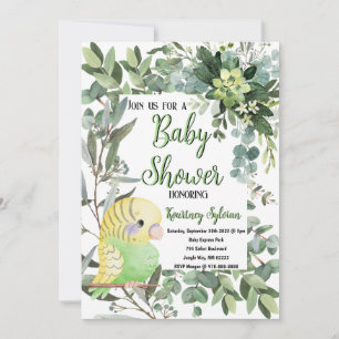Yellow Green Parakeet Bird Watercolor Baby Shower Invitation