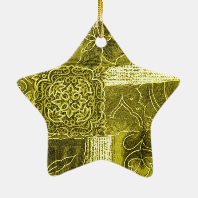 Yellow Green Patchwork Fabric Texture Ceramic Ornament (Back)