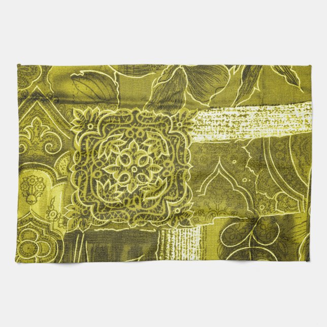 Yellow Green Patchwork Fabric Texture Kitchen Towel (Horizontal)