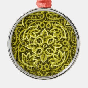 Yellow Green Patchwork Fabric Texture Metal Ornament