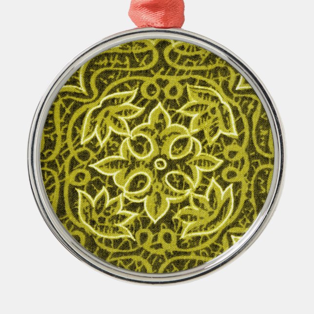 Yellow Green Patchwork Fabric Texture Metal Ornament (Front)
