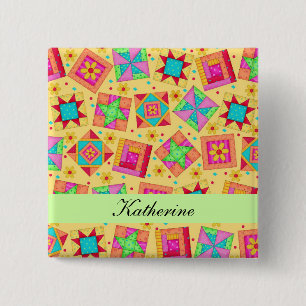 Yellow Green Patchwork Quilt Blocks Name Badge 2 Inch Square Button