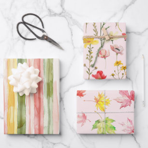 Yellow Green Pink Stripes Leaves Floral Birthday Wrapping Paper Sheet