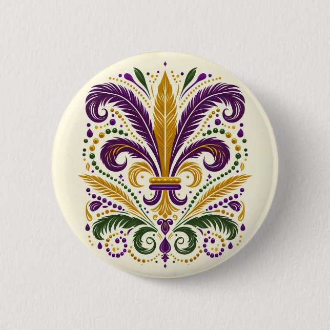 Yellow, green purple fleur de lis feathers 2 inch round button (Front)
