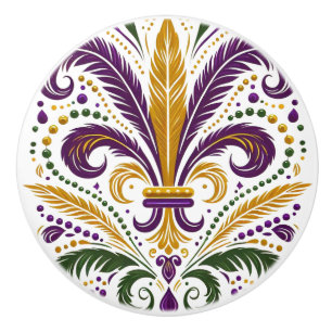 Yellow, green purple fleur de lis feathers ceramic knob
