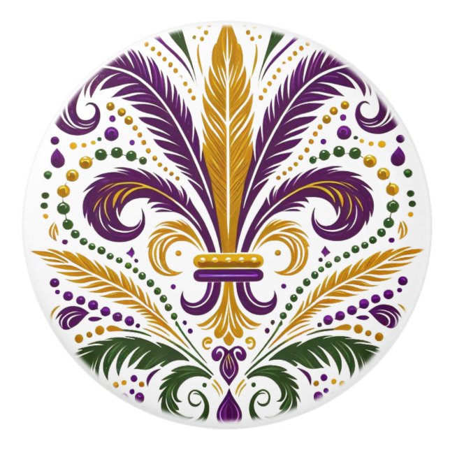 Yellow, green purple fleur de lis feathers ceramic knob (Front)