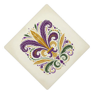 Yellow, green purple fleur de lis feathers graduation cap topper
