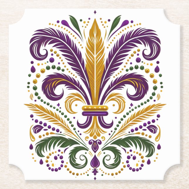 Yellow, green purple fleur de lis feathers paper coaster (Front)