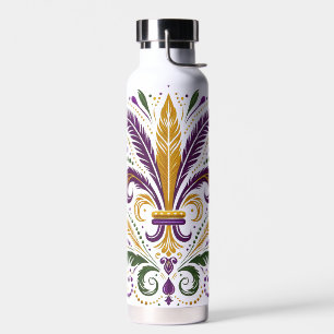Yellow, green purple fleur de lis feathers water bottle
