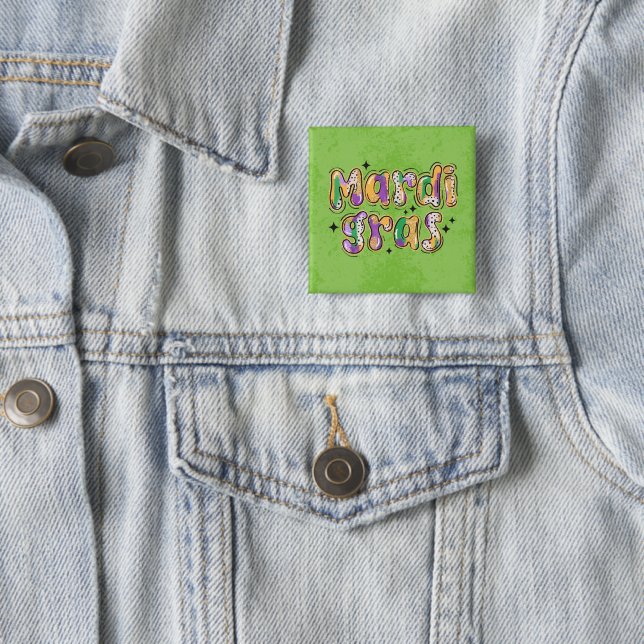 Yellow Green Purple Mardi Gras 2 Inch Square Button (In Situ)