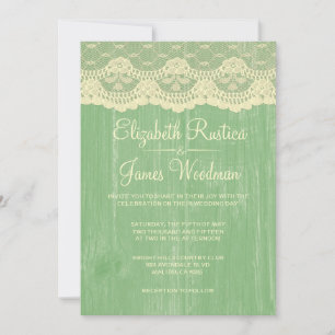 Yellow Green Rustic Lace Wood Wedding Invitations