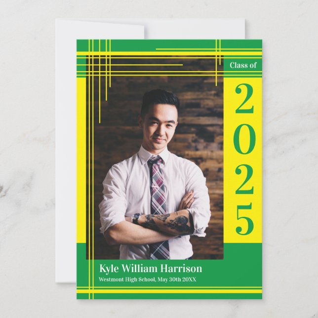 Yellow Green School Colour Graduation Photo Plaid Invitation (Front)