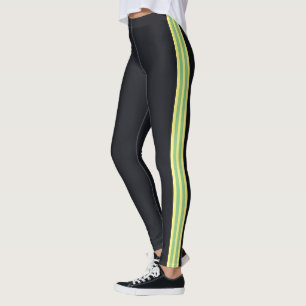 Yellow Green Side Stripes Black Leggings