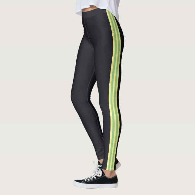 Yellow Green Side Stripes Black Leggings (Left)