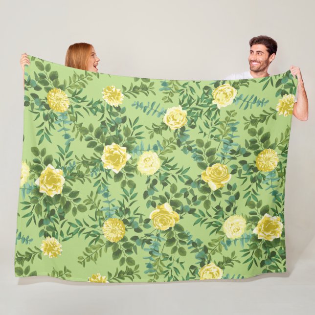Yellow & Green Spring Rose Vintage Wedding Fleece Blanket (In Situ)