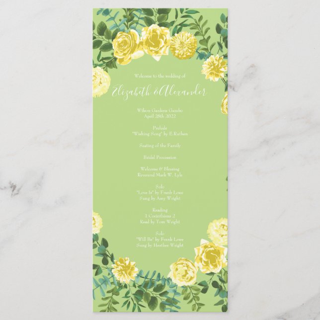 Yellow & Green Spring Rose Vintage Wedding Menu (Front)