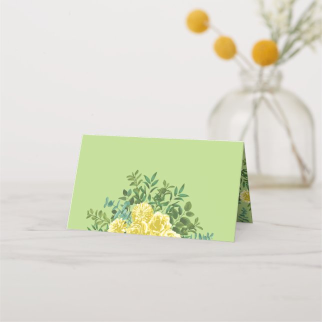 Yellow & Green Spring Rose Vintage Wedding Place Card (Front)