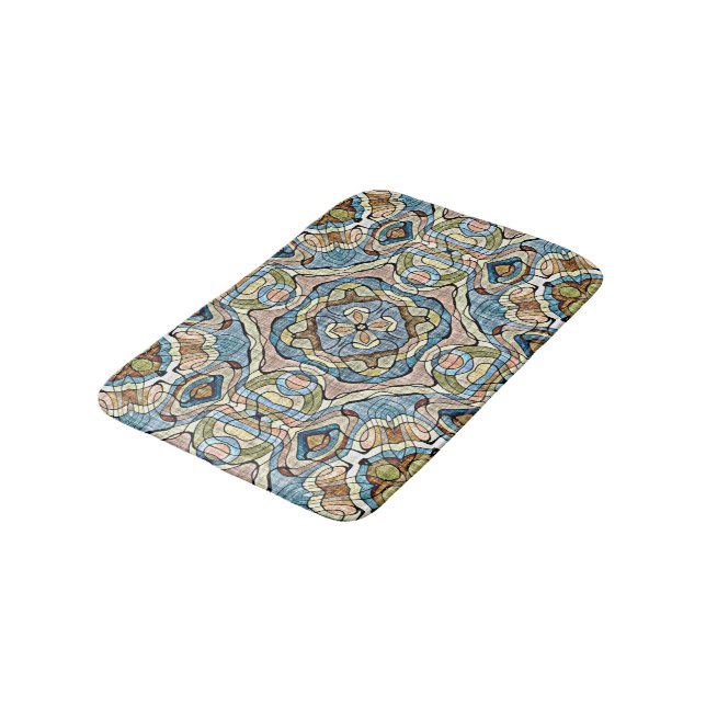 Yellow Green Teal Blue Orange Tribal Art Bath Mat (Angled)