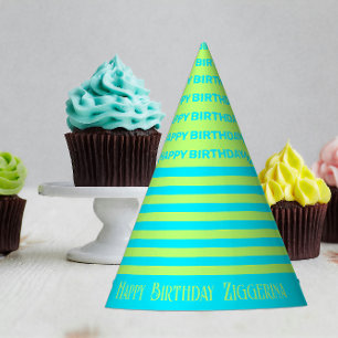 Yellow Green, Teal Stripes Birthday Party Hat