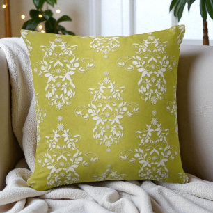 Yellow Green Victorian Retro Floral Damask Throw Pillow