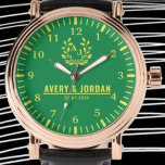 Yellow Green vintage couple names monogram Watch<br><div class="desc">Personalized watch with the names of the bride and groom or the couple in love. This watch can be customized by changing the text with the name of the loved one or the wedding date. It can be an ideal gift for newlyweds or for silver or golden wedding anniversaries. Monogram...</div>