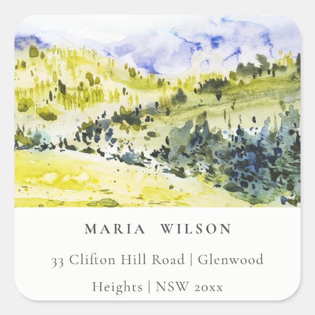 Yellow Green Watercolor Countryside Hills Address Square Sticker (Front)