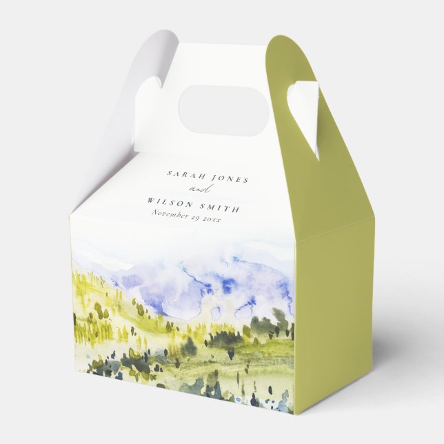 Yellow Green Watercolor Countryside Hills Wedding Favor Box (Front Side)