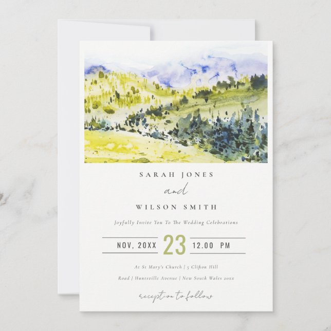 Yellow Green Watercolor Countryside Hills Wedding Invitation (Front)