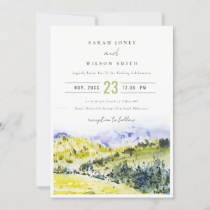 Yellow Green Watercolor Countryside Hills Wedding Invitation