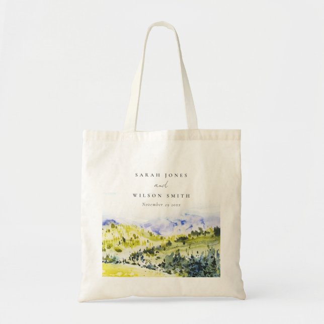 Yellow Green Watercolor Countryside Hills Wedding Tote Bag (Front)