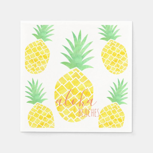 Yellow & Green Watercolor Pineapple Aloha Beaches Napkin (Front)