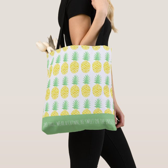 Yellow & Green Watercolor Pineapple Monogram Tote Bag (Close Up)