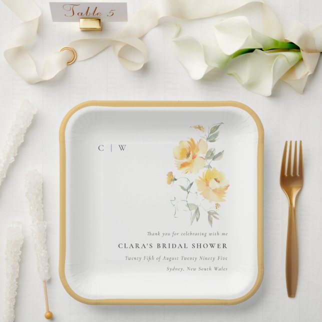 Yellow Green Watercolor Rose Flower Bunch Wedding Paper Plate (Wedding)