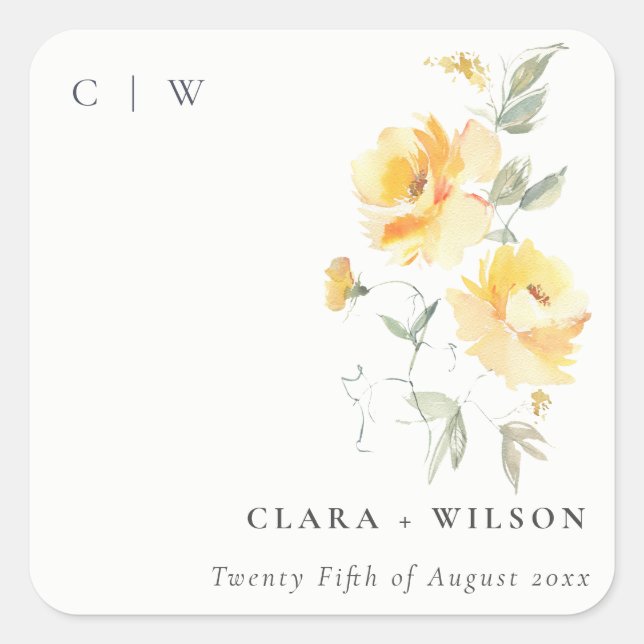 Yellow Green Watercolor Rose Flower Bunch Wedding Square Sticker (Front)